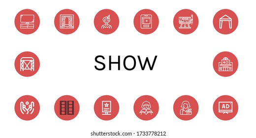 Set of show icons. Such as Television, Stage, Clown, Entertainment, Raffle, Canopy, Juggling, Film, Stand, Wizard, Actress, Tv, Movie theater , show icons