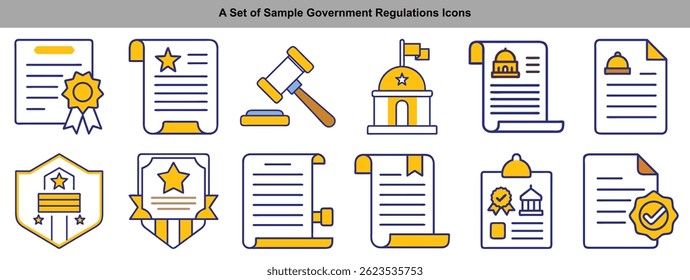 Set showcases document and government icons, featuring symbols such as law documents, a gavel, and government building, all isolated for versatility