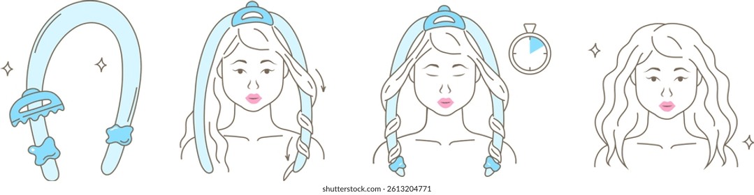 Set showcases a young woman styling her hair using a heatless curl band, vector. The sequence captures the process of wrapping hair around a soft headband to create natural waves without heat. Ideal