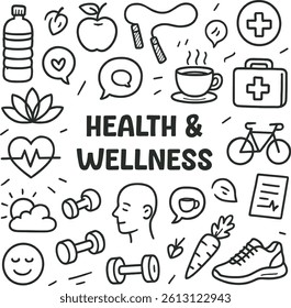 A set of showcasing health and wellness elements like fitness gear, food, medical kit, mindfulness, and exercise. Perfect for wellness blogs, fitness planners, healthcare apps, and lifestyle content.