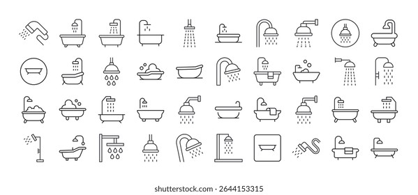 Conjunto de Chuveiro e banheira ícones de linha relacionados. Outline Signs para Gráficos e Web Design, Apps, Anúncios, Vários Cartões 