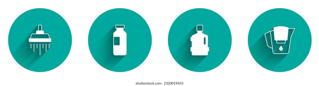 Set Shower, Bottle of water, Big bottle with clean and Water jug filter icon with long shadow. Vector