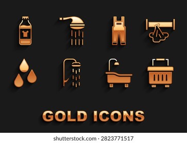 Set Shower, Broken pipe, Toolbox, Bathtub, Water drop, Work overalls, Bottle for cleaning agent and  icon. Vector