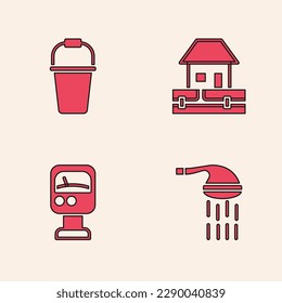 Set Shower, Bucket, Water supply pipes and Pressure water meter icon. Vector