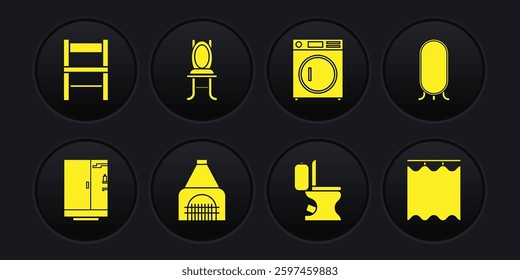 Set Shower cabin, Big full length mirror, Interior fireplace, Toilet bowl, Washer, Chair, Curtains and  icon. Vector