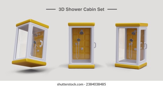 Set of shower cabins in cartoon style. Vector object in different positions. Isolated image on white background. Templates for mobile application, plumbing site