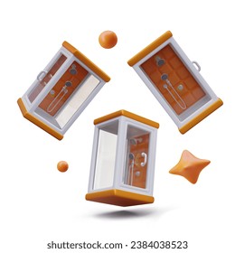 Set of shower cabins in different positions, decorative elements. 3D vector objects. Color composition on white background. Elements for design site of plumbing equipment