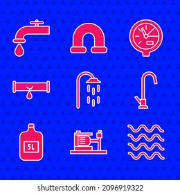 Set Shower, Electric water pump, Wave, Water tap, Big bottle with clean, Broken pipe leaking, meter and  icon. Vector