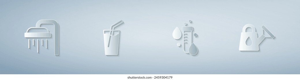 Set Shower, Glass with water, Test tube drop and Watering can. Paper art style. Vector