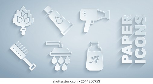 Set de ducha, secador de pelo, cepillo de sauna, botella de aceite esencial, crema o loción tubo cosmético y escoba icono. Vector