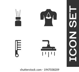 Set Shower head, Aroma diffuser, Hairbrush and Massage with aroma oils icon. Vector