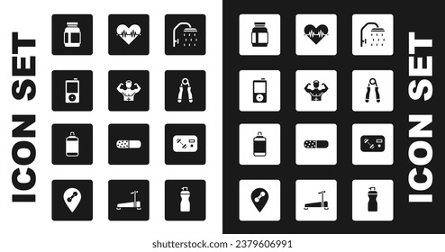 Set Cabeza de ducha, músculo Bodybuilder, reproductor de música, nutrición deportiva, expansor, ritmo cardíaco, club de fitness, tarjeta de gimnasio e icono de bolso de punching. Vector