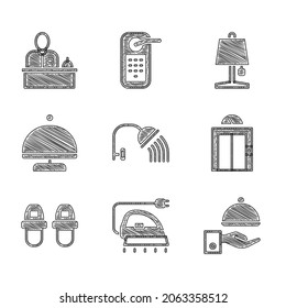 Set Shower head, Electric iron, Covered with tray, Lift, Hotel slippers, Table lamp and reception desk icon. Vector