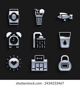 Set Shower head, Gym building, Kettlebell, Glass with water, Sun, Alarm clock, Fish and Soda can icon. Vector