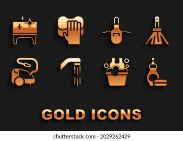 Set Shower head, Handle broom, Dishwashing liquid bottle, Basin with soap suds, Vacuum cleaner, Kitchen apron, Clean table and Cleaning service icon. Vector
