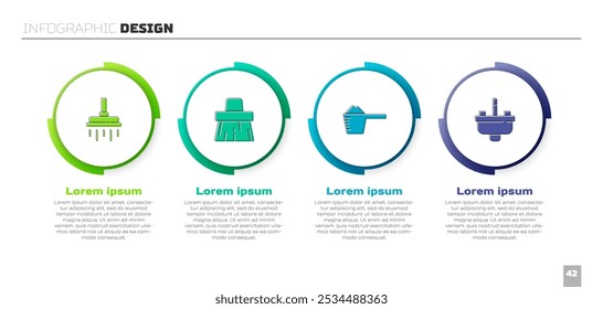 Set Cabezal de ducha, Escoba de mango, Polvo de lavado y Lavabo con grifo de agua. Plantilla de infografía de negocios. Vector