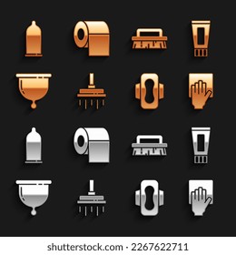Fijar cabeza de ducha, Tubo de dentífrico, Servicio de limpieza, servilleta Sanitaria, taza Menstrual, Cepillo para limpieza, Icono de rollo de papel de condón y aseo. Vector