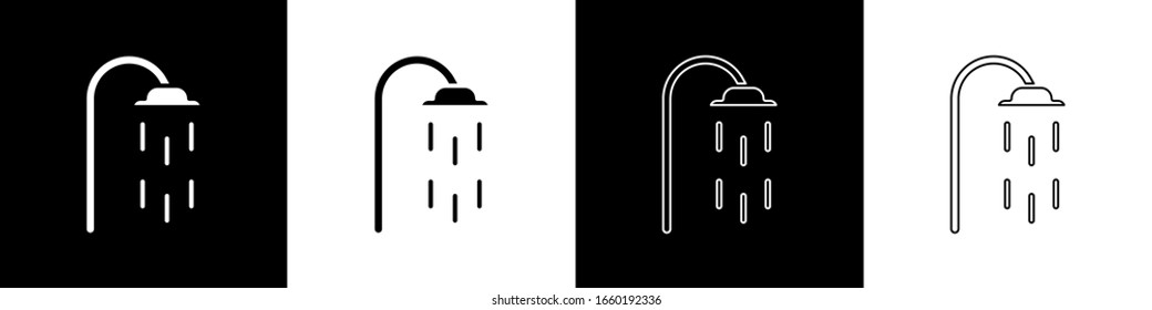 Set Shower head with water drops flowing icon isolated on black and white background.  Vector Illustration