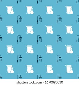 Coloque la cabeza de la ducha con las gotas de agua que fluyen y la basura puede en un patrón transparente. Vector