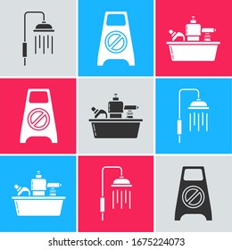 Set Shower head with water drops flowing , Wet floor and cleaning in progress  and Plastic bottles for liquid dishwashing liquid icon. Vector