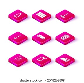 Set Duschkopf mit fließenden Wassertropfen, Plastikflaschen für flüssige Geschirrspülmittel, Toilettenbürste, Schwamm, Elektroeisen, Mülleimer, Mopp und Handtuchstapelsymbol. Vektorgrafik