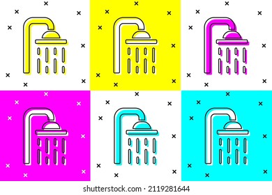 Set Shower head with water drops flowing icon isolated on color background.  Vector
