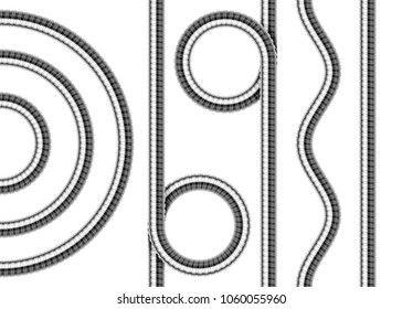 Set of shower hoses. Twisted, wavy, straight and arched repeatable shower pipe segments. Vector realistic illustration.