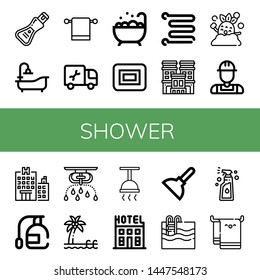 Set of shower icons such as Soap, Bathtub, Towel hanger, Plumber, Jacuzzi, Towel rail, Hotel, Shower, Spray, Sprinkler, Pool, Plunger, Swimming pool, Beach towel , shower