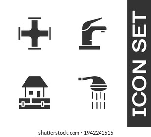 Set Shower, Industry metallic pipe, Water supply pipes and tap icon. Vector
