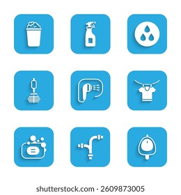 Set Shower, Industry metallic pipe, Toilet urinal or pissoir, Drying clothes, Bar of soap, brush, Water drop and Bucket with suds icon. Vector