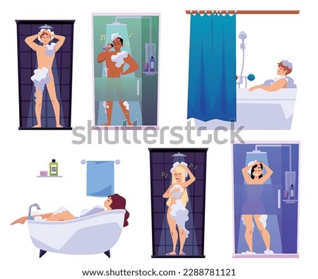 Set of shower people flat style, vector illustration isolated on white background. Relaxing men and women, health and beauty, hygiene, design elements collection