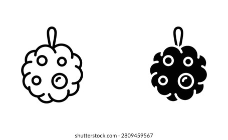 A set of shower puff icons, featuring both line art and solid black silhouette styles for bathroom body care routines, designed on a isolated white background.