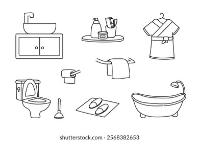 set of shower room bathroom icons hand drawn, doodle elements, vector illustrations. bathtub, sink, plunger, toilet, slippers, toilet paper, towel, soap, bathrobe 