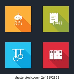 Set Shower, Sport training program, Gymnastic rings and Locker changing room icon. Vector