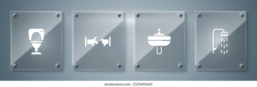 Set Shower, Washbasin, Broken pipe and Toilet bowl. Square glass panels. Vector