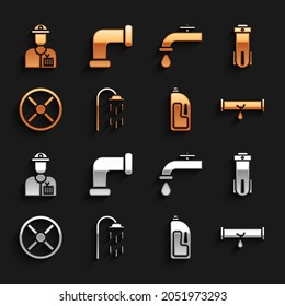 Set Shower, Water filter, Broken pipe with leaking water, Container drain cleaner, Industry valve, tap, Plumber and metallic icon. Vector