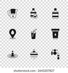 Set Shower, Water filter cartridge, tap, Glass with water, Big bottle clean, jug,  and drop location icon. Vector