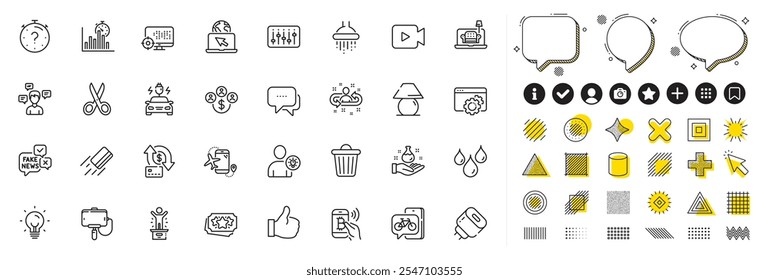 Set of Shower, Waterproof and Fake news line icons for web app. Design elements, Social media icons. Energy, Credit card, Furniture icons. Message, Like, Trash bin signs. Vector