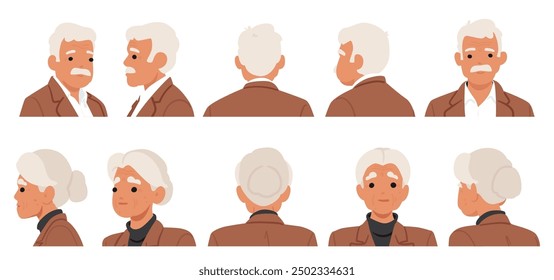 Set Showing Different Profile Views Of An Elderly Man And Woman. Old Characters Wearing Formal Attire Front, Side And Back Views, Perfect For Use In Senior-related Content, Storytelling, Animation