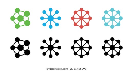 Set mit verschiedenen Verbindungssymbolen. Die oberste Reihe hat farbenfrohe Versionen in Grün, Blau, Rot und Cyan. Die untere Zeile zeigt schwarze Versionen auf weißem Hintergrund.