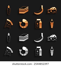 Set Shrimp, Cheese, Hot chili pepper, aper package for milk, Slice of pizza, Banana, Carrot and Piece cake icon. Vector