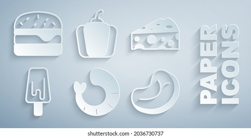 Set Shrimp, Cheese, Ice cream, Steak meat, Bell pepper and Burger icon. Vector