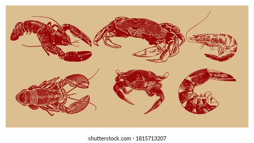 Set Of Shrimp, Crab and Lobster, Vintage Design Concept, Silhouette Design Concept, Vector illustration.
