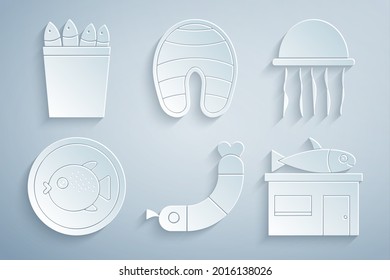 Set Shrimp, Jellyfish, Puffer on a plate, Seafood store, Fish steak and Fishing bucket with fishes icon. Vector