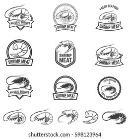Set of shrimp meat emblems. Fresh seafood. Design elements for logo, label, sign. Vector illustration.