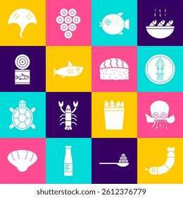 Set Shrimp, Octopus, on a plate, Puffer fish, Shark, Canned, Stingray and Sushi icon. Vector