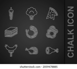 Set Shrimp, Roasted turkey or chicken, Chicken leg, Scrambled egg, Sausage on the fork, Piece of cake, Slice pizza and Hot chili pepper icon. Vector