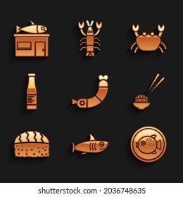 Set Shrimp, Shark, Puffer fish on plate, Sushi, Sauce bottle, Crab and Seafood store icon. Vector