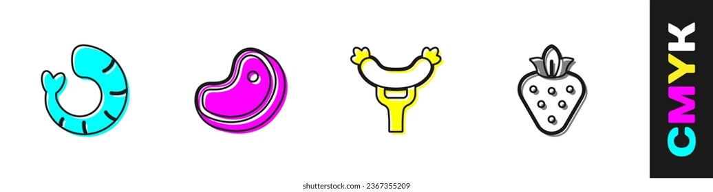 Set Shrimp, Steak meat, Sausage on the fork and Strawberry icon. Vector