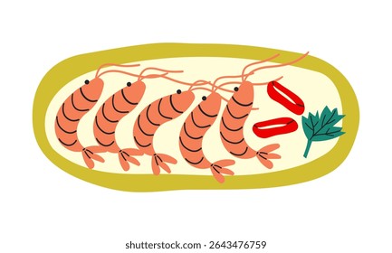 Conjunto de camarão tempura camarão em placa para comida rápida asiática ou mediterrânea e restaurantes take away. Ilustração desenhada à mão isolar em branco .